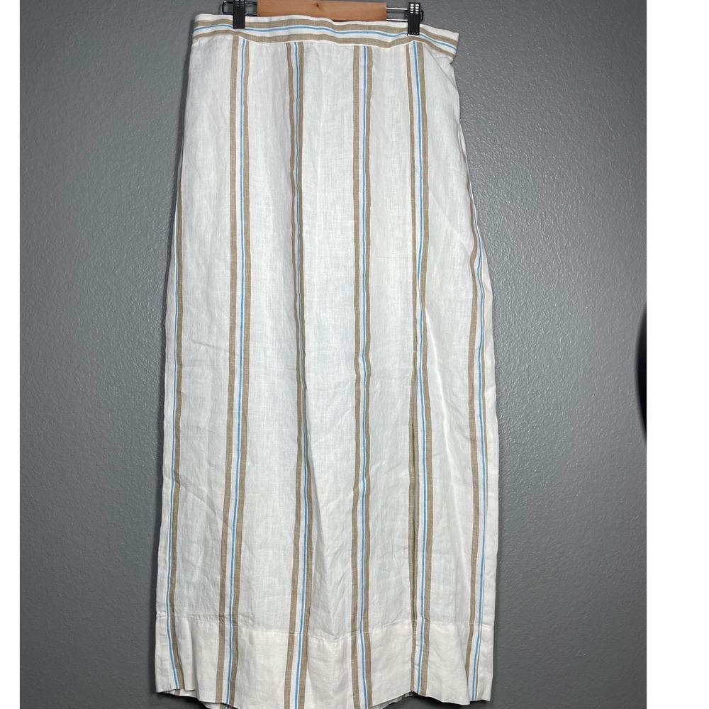 Madewell Linen Striped Maxi Skirt White Tan Blue Side Slit Elastic Waist Medium